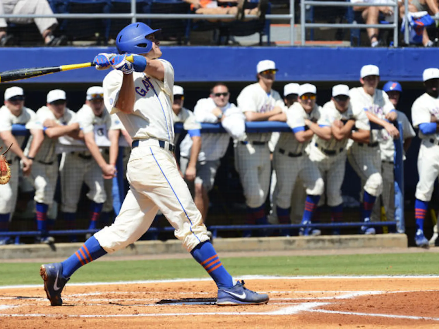 Sophomore catcher Taylor Gushue swings Florida’s 14-5 win against South Carolina on April 12 at McKethan Stadium. Gushue leads the Gators with 30 RBI.