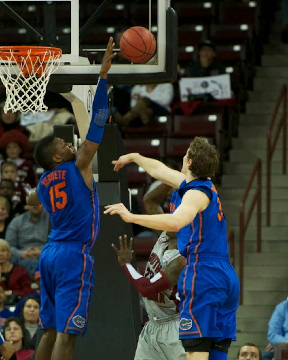 <p>Starting for an injured Patric Young, sophomore forward Will Yeguete (15) scored a career-high 14 points and hauled in eight rebounds in the No. 19 Gators' first road win of the season.</p>