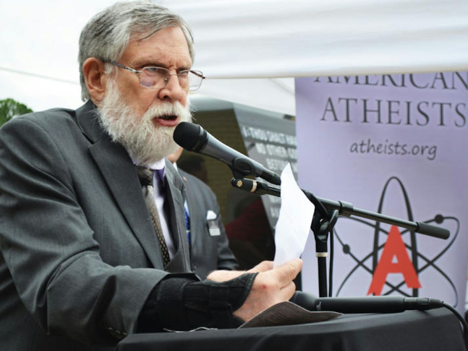 Edwin Kagin, J.D., National Legal Director of American Atheists, speaks at the Bradford County Courthouse on Saturday during a dedication ceremony for an atheist monument.&nbsp;
&nbsp;