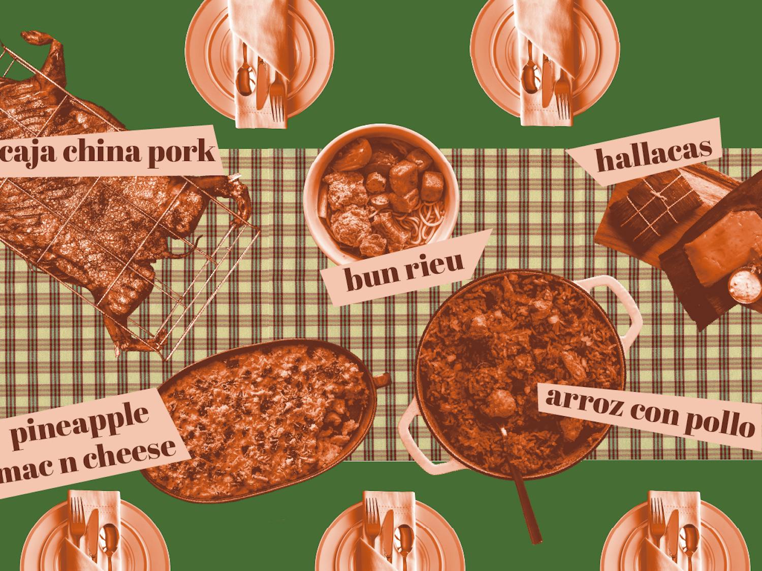 In addition to traditional American Thanksgiving foods, other cultural meals make an appearance for some families every year, such as Caja China Pork, Mac and Cheese with Pineapple, Hallacas, Arroz Con Pollo, and Bun Rieu.