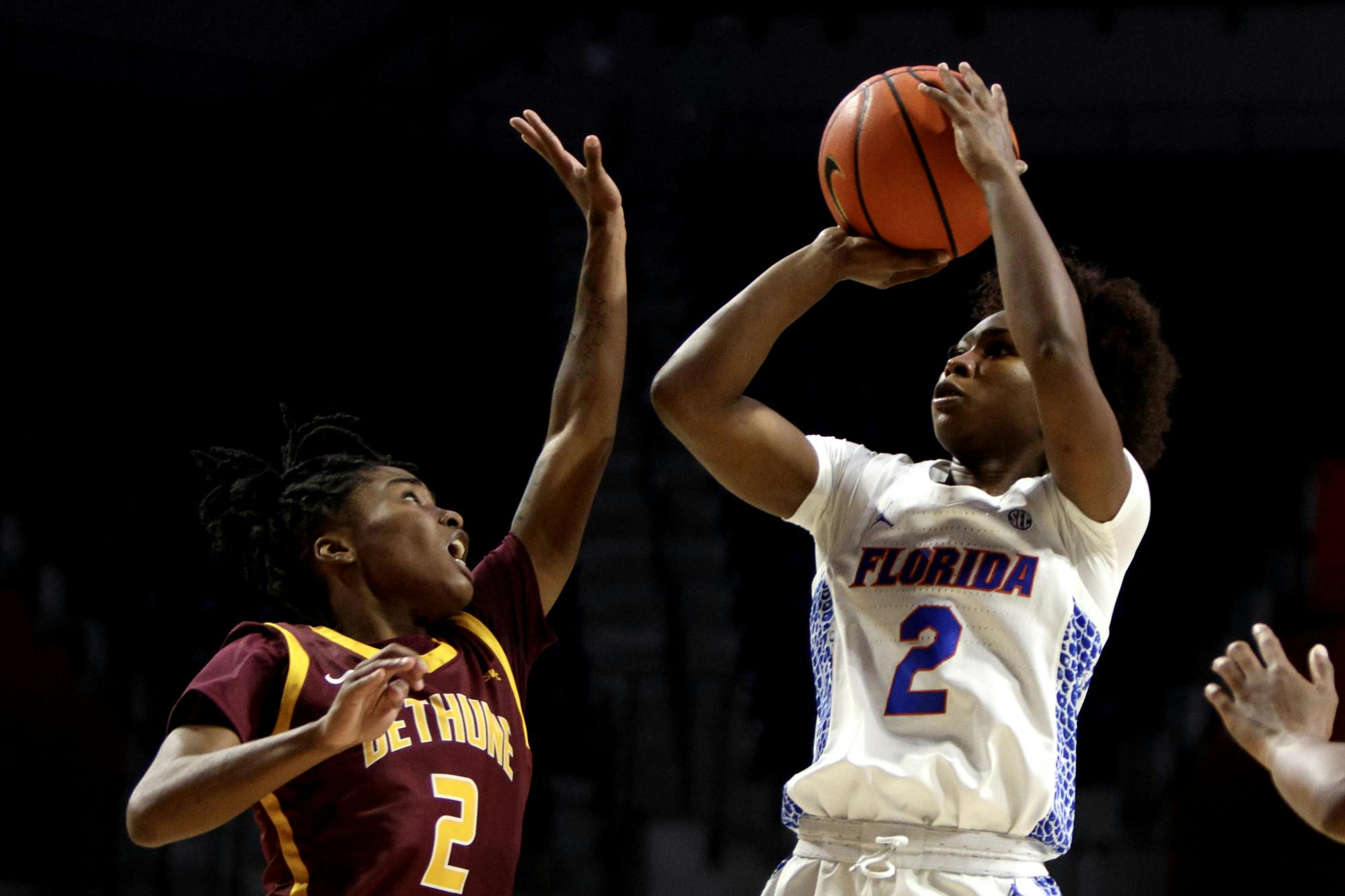 Senior guard Aliyah Matharu shoots a jumpshot in the Gators' 83-69 win against the Bethune-Cookman Wildcats on Thursday, Nov. 9, 2023.