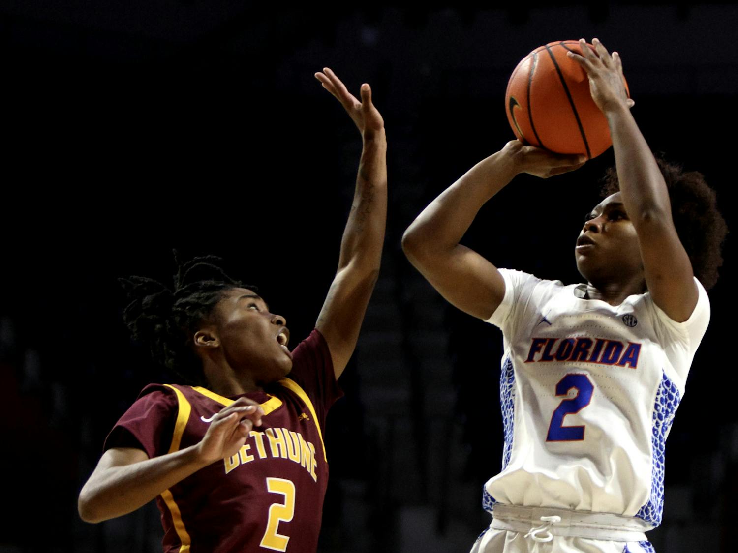 Senior guard Aliyah Matharu shoots a jumpshot in the Gators' 83-69 win against the Bethune-Cookman Wildcats on Thursday, Nov. 9, 2023.