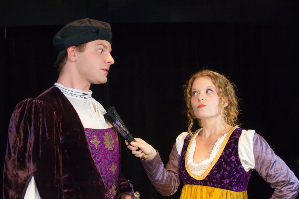 UF theatre graduate student Jacob Lesh, 24, poses as Antipholus of Syracuse, and UF acting graduate student Christie Robinson, 31, as Adriana.
