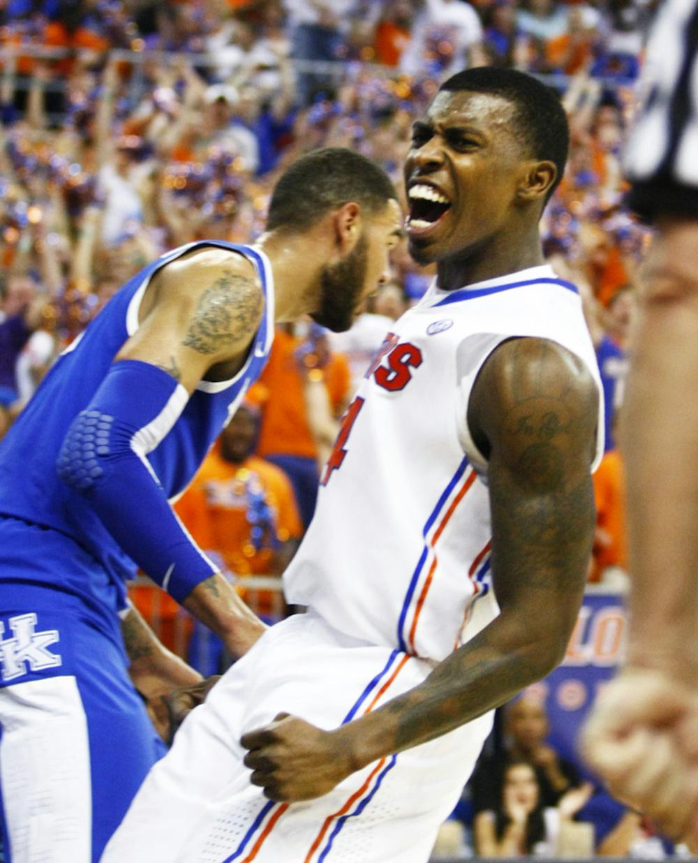 <p>Junior forward Casey Prather celebrates during Florida’s 69-52 win against Kentucky on Tuesday night in the O’Connell Center.</p>