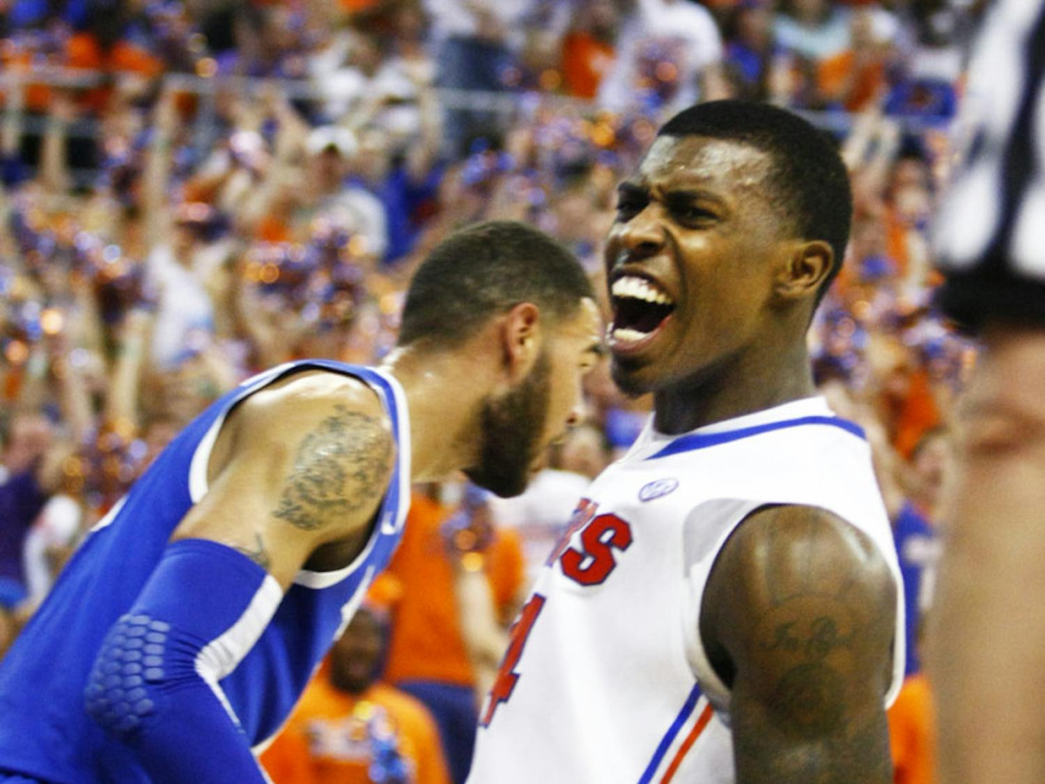 Junior forward Casey Prather celebrates during Florida’s 69-52 win against Kentucky on Tuesday night in the O’Connell Center.
