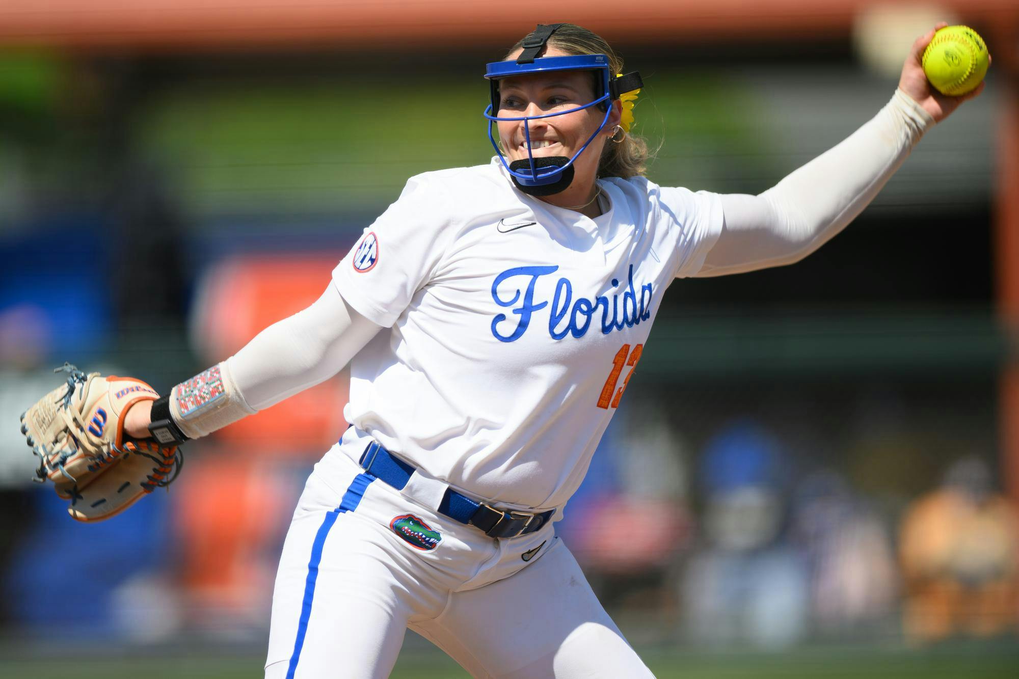 Florida left-handed pitcher Olivia Miller (13) throws during an NCAA softball game against Tennessee, Saturday, March 21, 2026, in Gainesville, Fla.