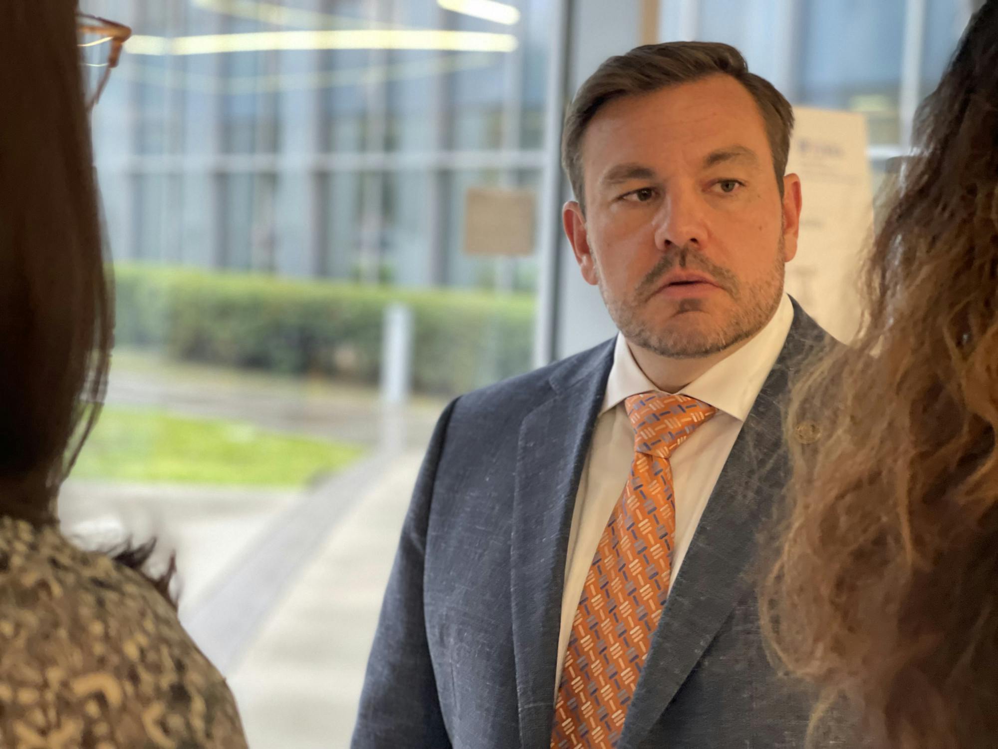 State Rep. Adam Anderson visits Malachowsky Hall at UF for a press conference to discuss House Bill 907, the Sunshine Genetics Act, on Aug. 29, 2025. Adams wrote the bill, which paves the way for a pilot program to help families identify serious conditions at birth through gene sequencing — at no cost.