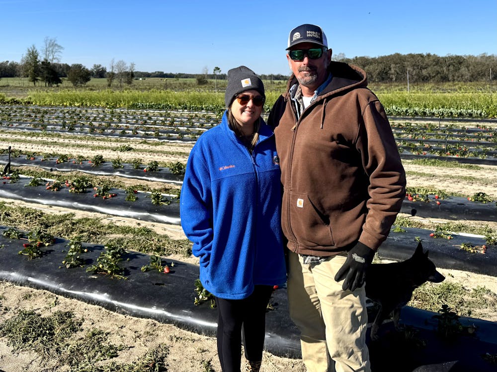 Heather and Travis Boyd stand amongst the bright red strawberries that grow from the many rows of plants at The Bryer Patch on Feb. 21, 2025.


