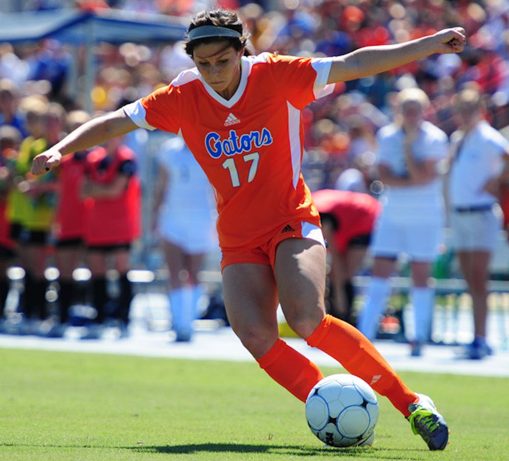 <p>Florida midfielder Erika Tymrak scored a goal off a corner kick against Vanderbilt, one of four goals scored on set pieces this season for the Gators.</p>