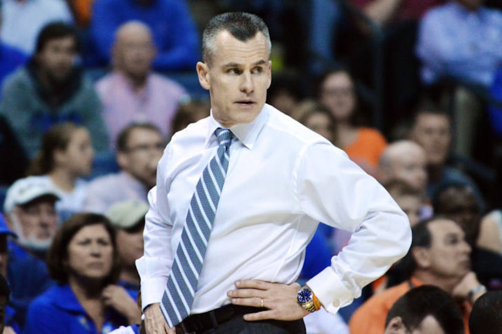 <p>Billy Donovan looks on during Florida’s 79-68 win against UCLA on Thursday in FedExForum in Memphis, Tenn. Donovan will coach in his fourth Final Four when Florida faces UConn on Saturday night in Arlington, Texas.</p>