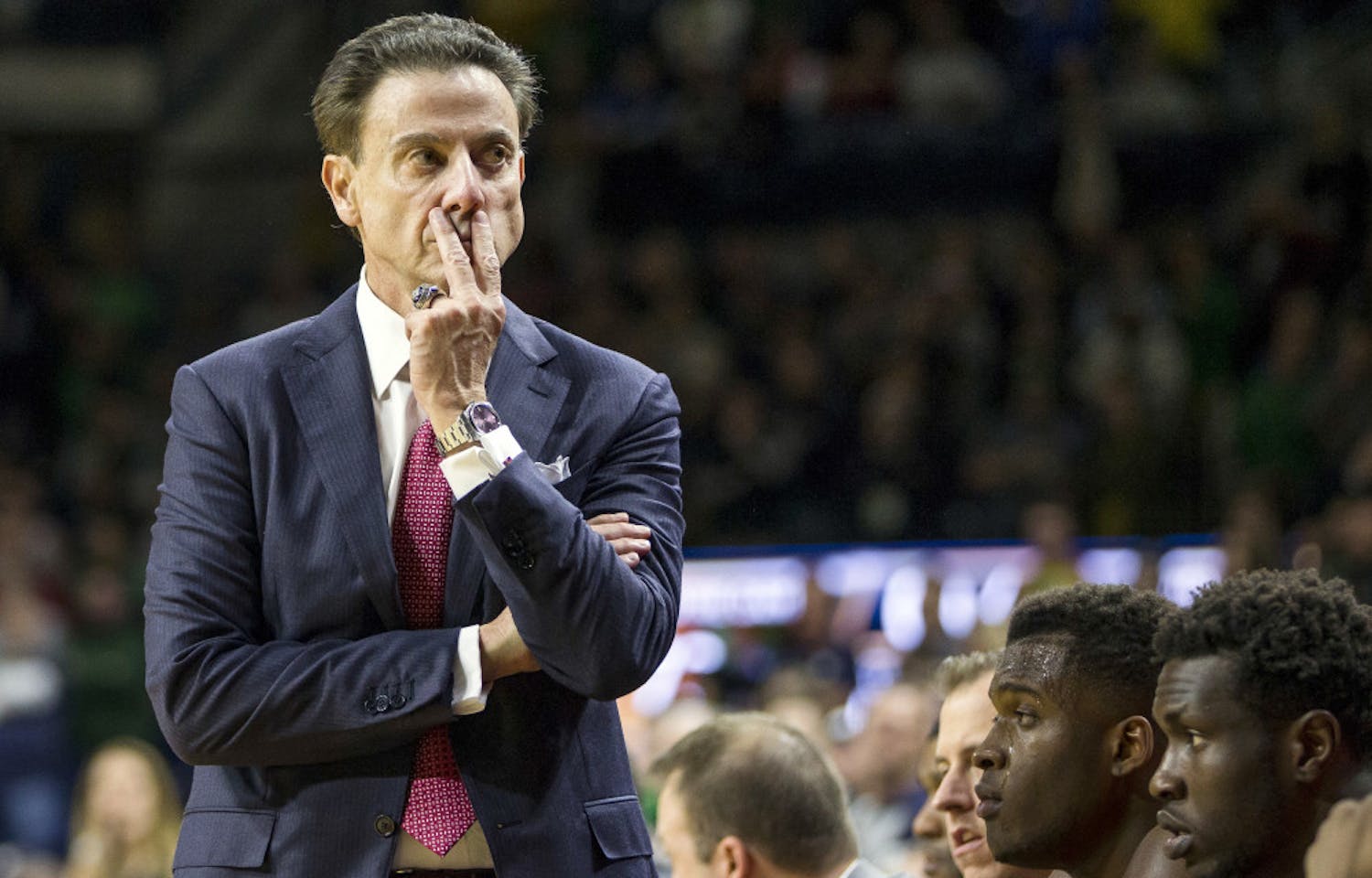 FILE - In this Jan. 4, 2017, file photo, Louisville head coach Rick Pitino looks on as his team falls behind late in the second half of an NCAA college basketball game against Notre Dame in South Bend, Ind.Louisville announced Wednesday, Sept. 27, 2017, that they have placed basketball coach Rick Pitino and athletic director Tom Jurich on administrative leave amid an FBI probe. (AP Photo/Robert Franklin, File)