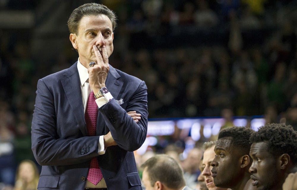 <p>FILE - In this Jan. 4, 2017, file photo, Louisville head coach Rick Pitino looks on as his team falls behind late in the second half of an NCAA college basketball game against Notre Dame in South Bend, Ind.Louisville announced Wednesday, Sept. 27, 2017, that they have placed basketball coach Rick Pitino and athletic director Tom Jurich on administrative leave amid an FBI probe. (AP Photo/Robert Franklin, File)</p>