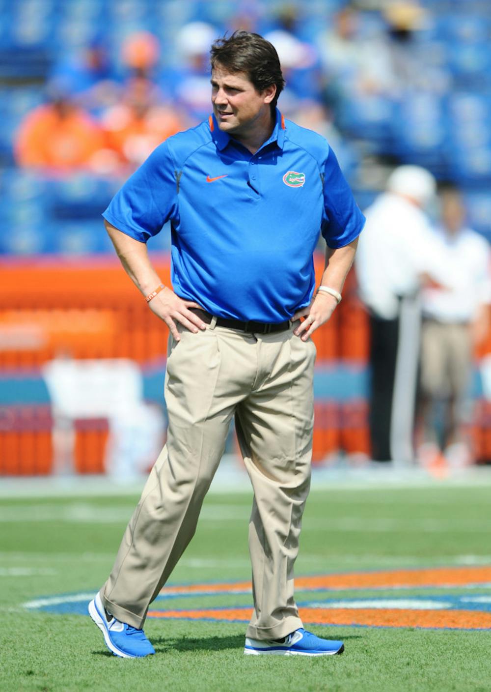 <p>Will Muschamp watches the Gators participate in warm-up drills prior to Florida’s 24-6 victory against Toledo on Aug. 31 in Ben Hill Griffin Stadium. Florida plays at Miami this weekend.</p>