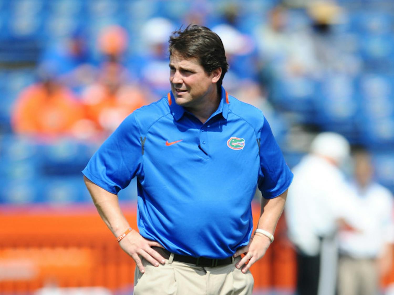 Will Muschamp watches the Gators participate in warm-up drills prior to Florida’s 24-6 victory against Toledo on Aug. 31 in Ben Hill Griffin Stadium. Florida plays at Miami this weekend.