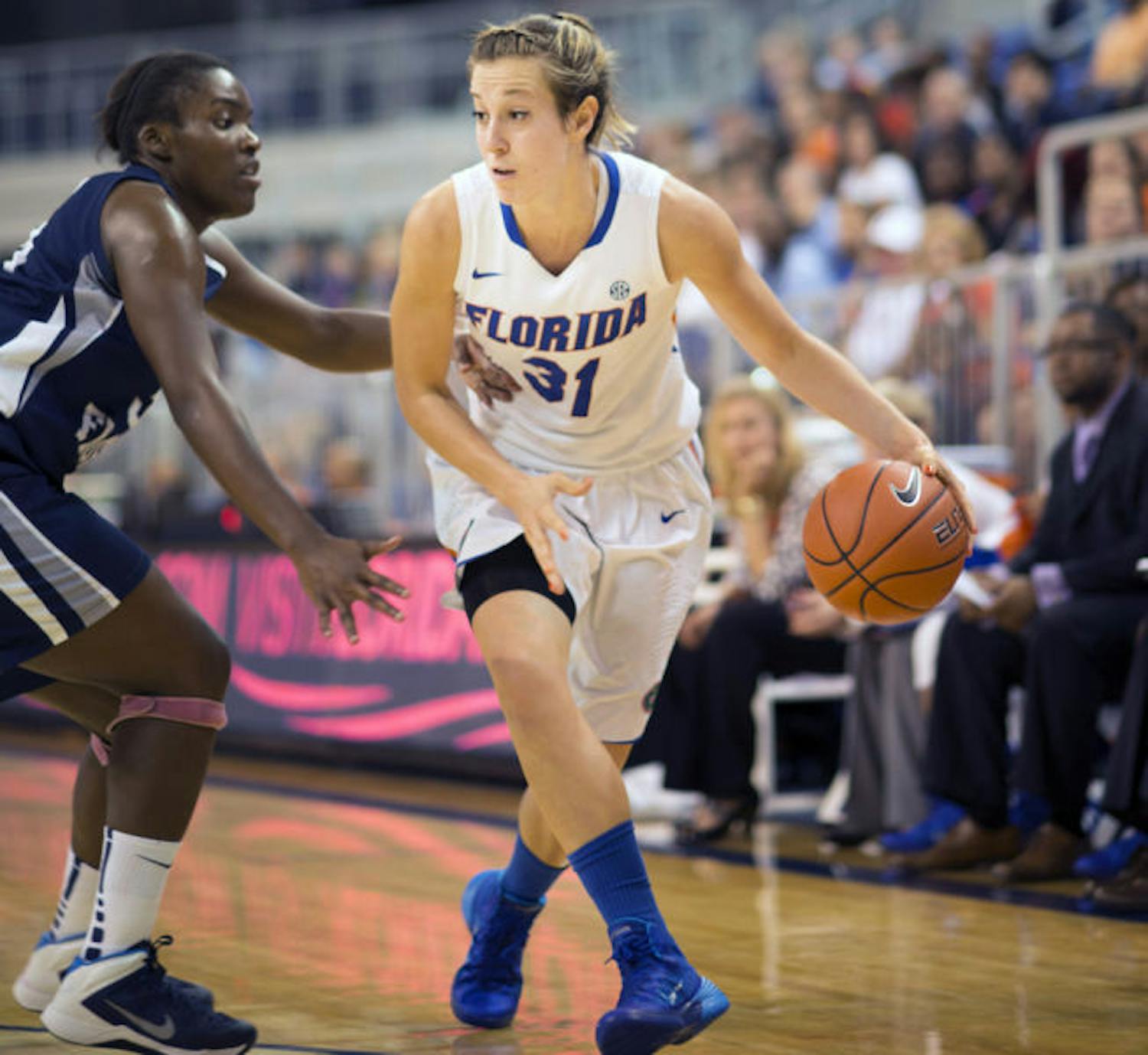 Redshirt senior forward Lily Svete dribbles the basketball during Florida's 88-77 win against North Florida on Nov. 10 in the O'Connell Center.