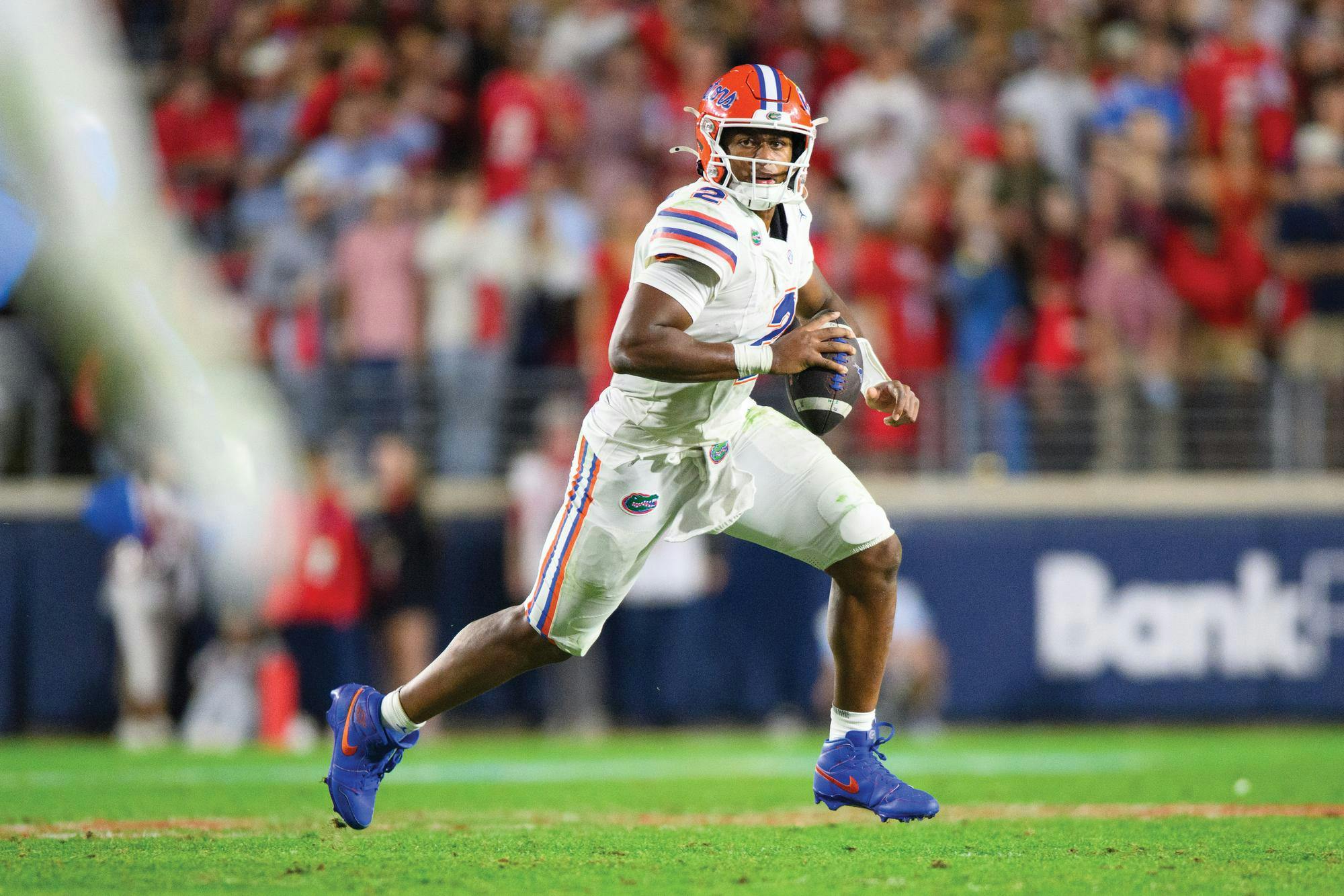 Florida quarterback DJ Lagway (2) runs with the ball during the second half of an NCAA college football game, Saturday, Nov. 15, 2025, in Oxford, Miss.