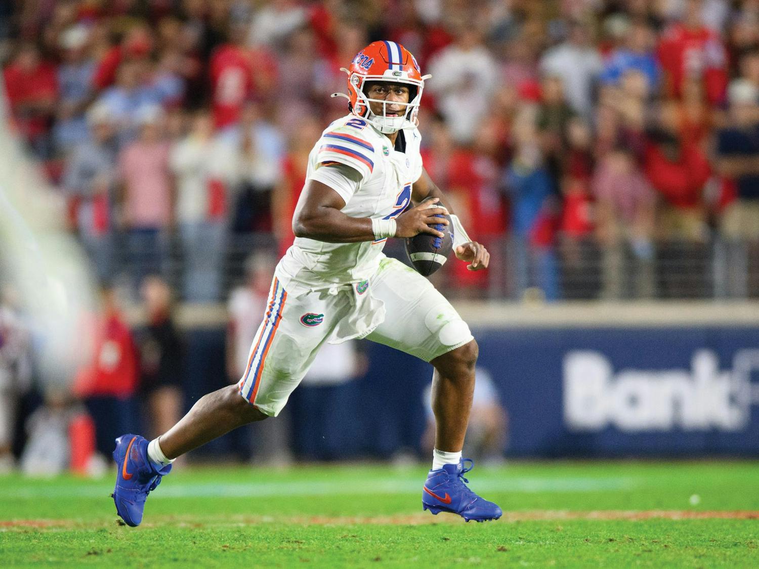 Florida quarterback DJ Lagway (2) runs with the ball during the second half of an NCAA college football game, Saturday, Nov. 15, 2025, in Oxford, Miss.