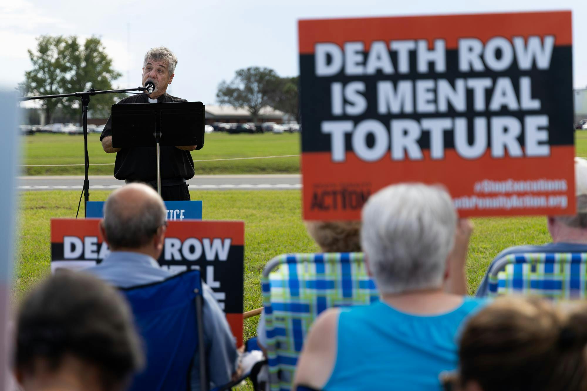 Rev. Phil Egitto, a pastor with Our Lady Lourdes Catholic Church in Daytona Beach, speaks during the protest against the execution of Harold Gene Lucas, Tuesday, Sept. 1, 2026, at the Florida State Prison in Raiford, Fla. Lucas was found guilty for the 1976 murder of his ex-girlfriend, 16-year-old Jill Piper.
