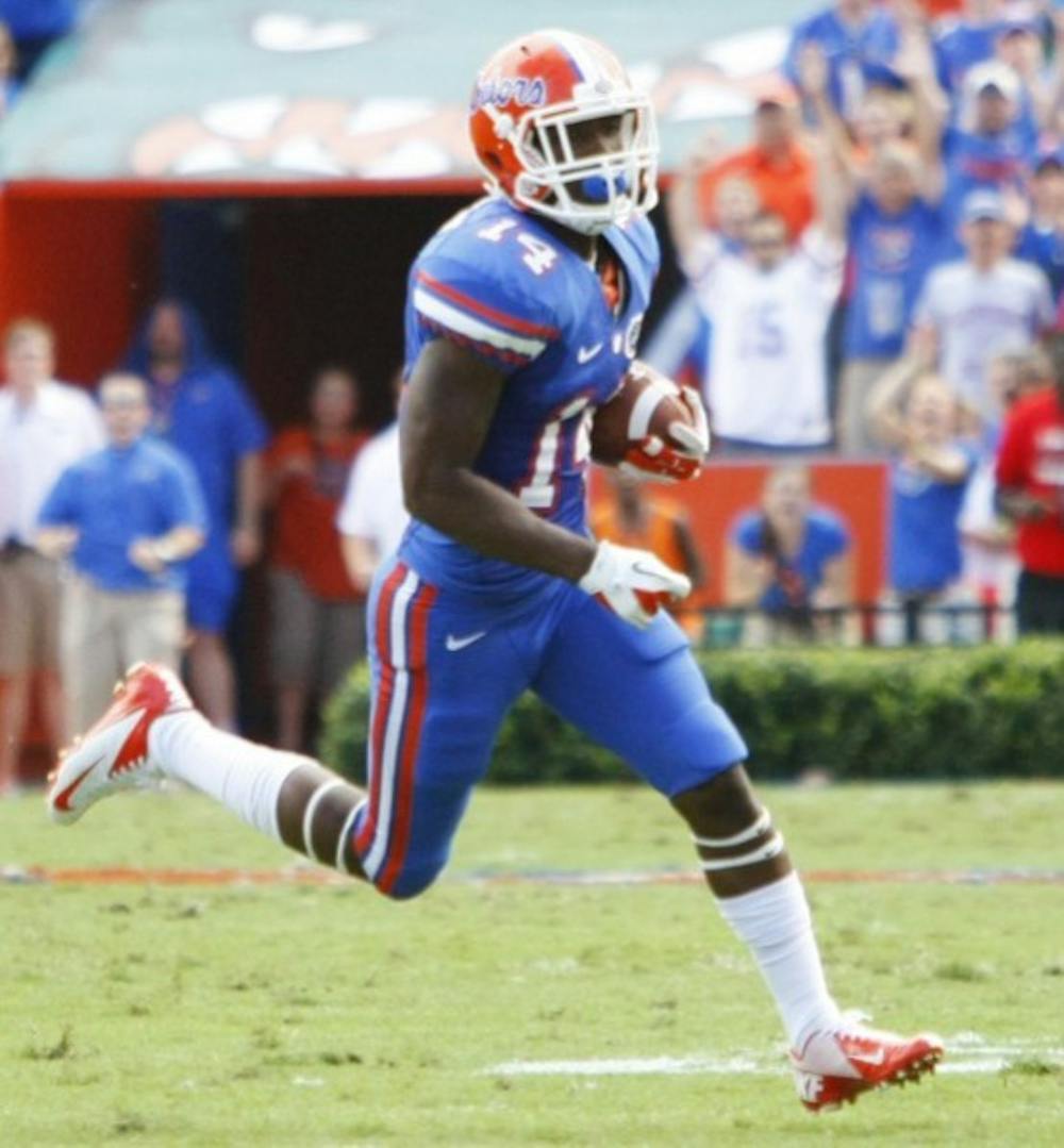 <p>Junior cornerback Jaylen Watkins returns a second quarter interception during Florida's 14-6 win against LSU on Saturday in Ben Hill Griffin Stadium. Watkins leads the Gators with two interceptions.</p>