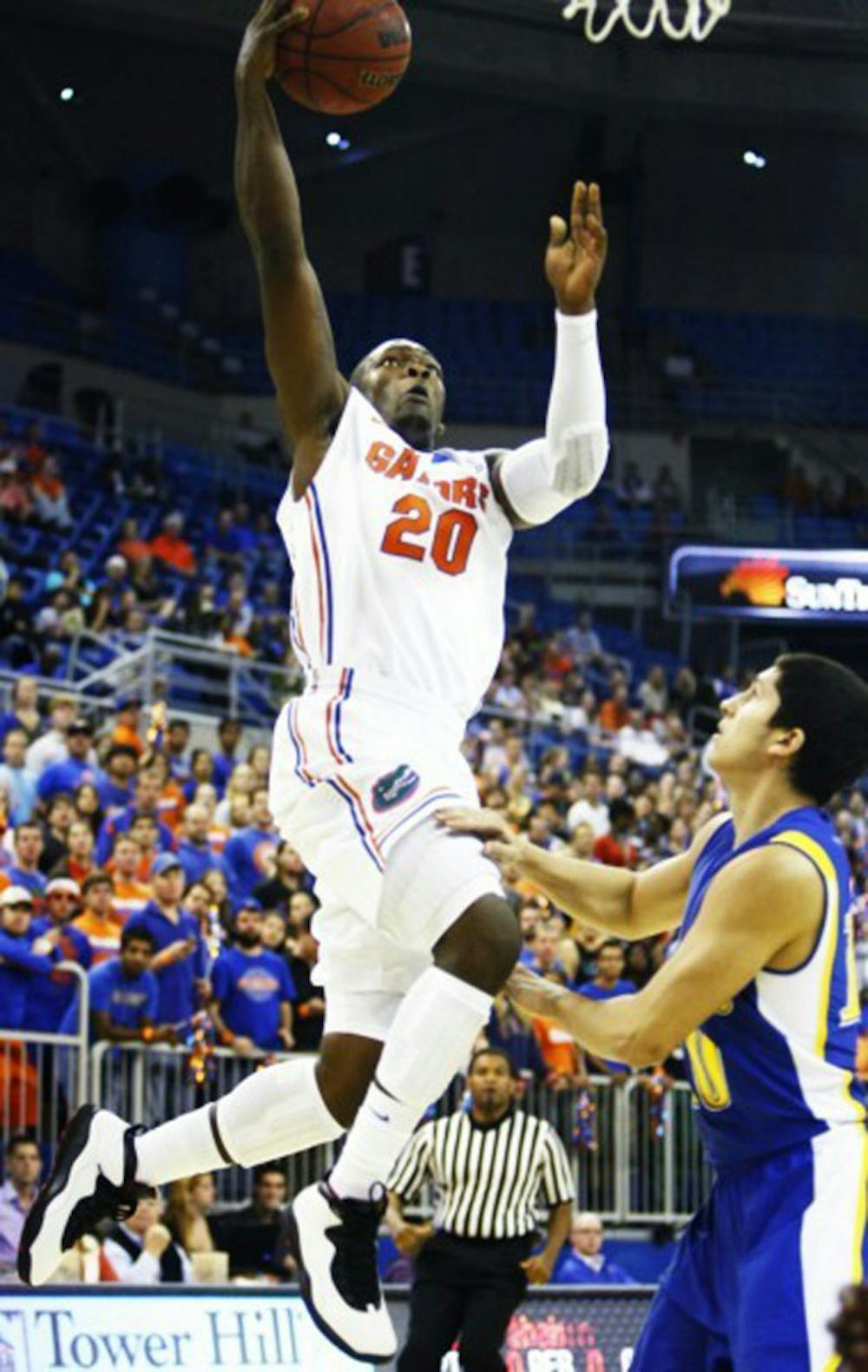 <p>Michael Frazier II attempts a layup during Florida’s 101-71 victory against Nebraska-Kearney on Nov. 1 in the O’Connell Center.</p>