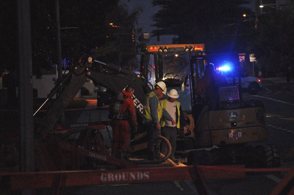 A construction team works to fix a break in the gas line on Museum Road. The gas leak diverted cars and pedestrians for about five hours on Monday, Jan. 5.&nbsp;