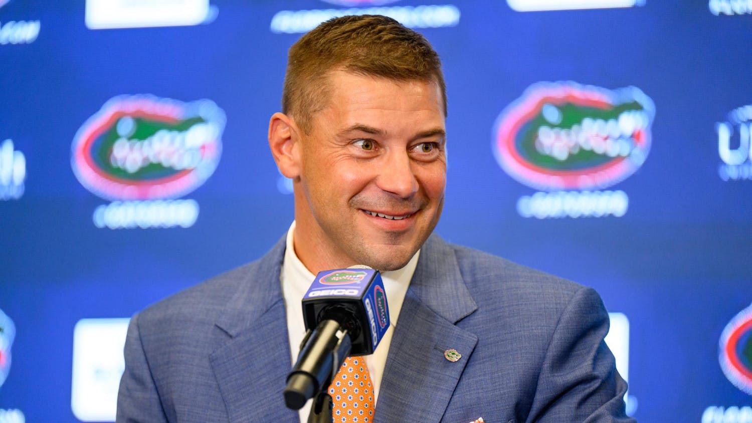 Florida head coach Jon Sumrall speaks during his introductory press conference at Heavener Football Training Center in Gainesville, Fla., Monday, Dec. 1, 2025.