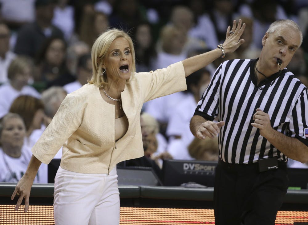<p>Baylor head women's coach Kim Mulkey calls in a play during the second half of an NCAA college basketball game against Texas Tech, Saturday, Feb. 25, 2017, in Waco, Texas. Baylor won 86-48. (AP Photo/Rod Aydelotte)</p>