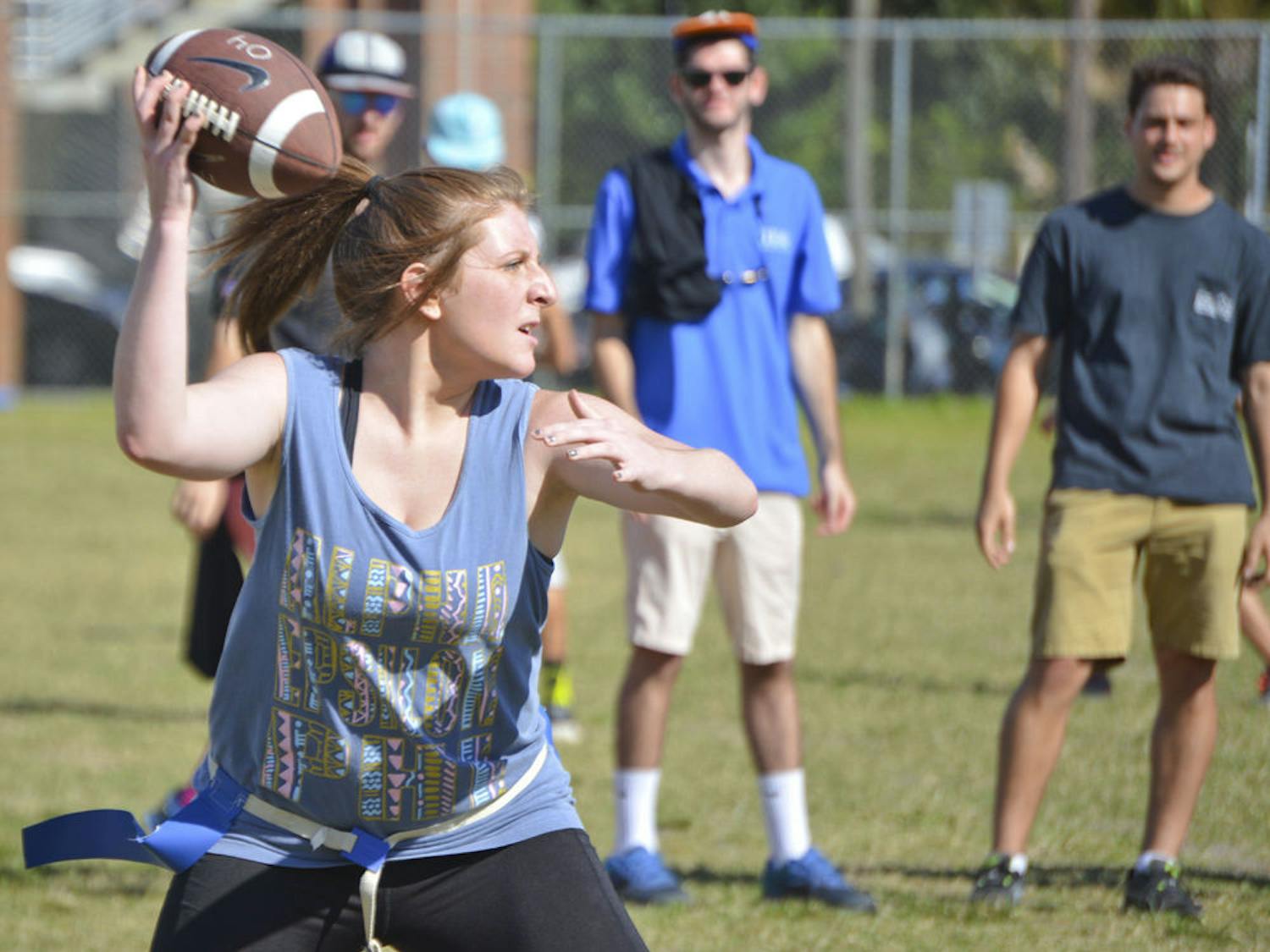 UF junior Ashey Rocque, 20, plays flag football with Alpha Epsilon Phi at Norman Field on Oct. 11, 2015. Alpha Epsilon Phi won 6-0 against Phi Mu. The sororities competed in the TEP Touchdown philanthropy event, which raised money for the American Cancer Society.