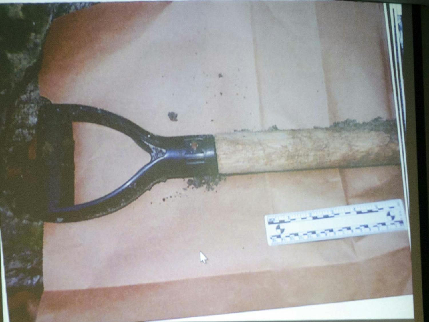 A close up of the shovel found under a boardwalk at Spyglass Apartments, right around the corner from Pedro Bravo’s apartment.