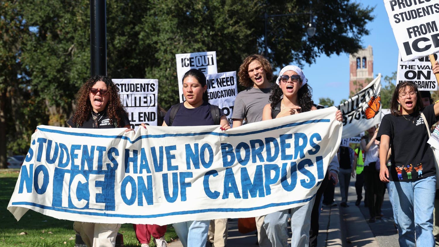 Students participate in a Students for Socialism at the University of Florida walkout to demand UFPD end its 287(g) agreement with ICE at Turlington Plaza, Thursday, Nov. 20, 2025.