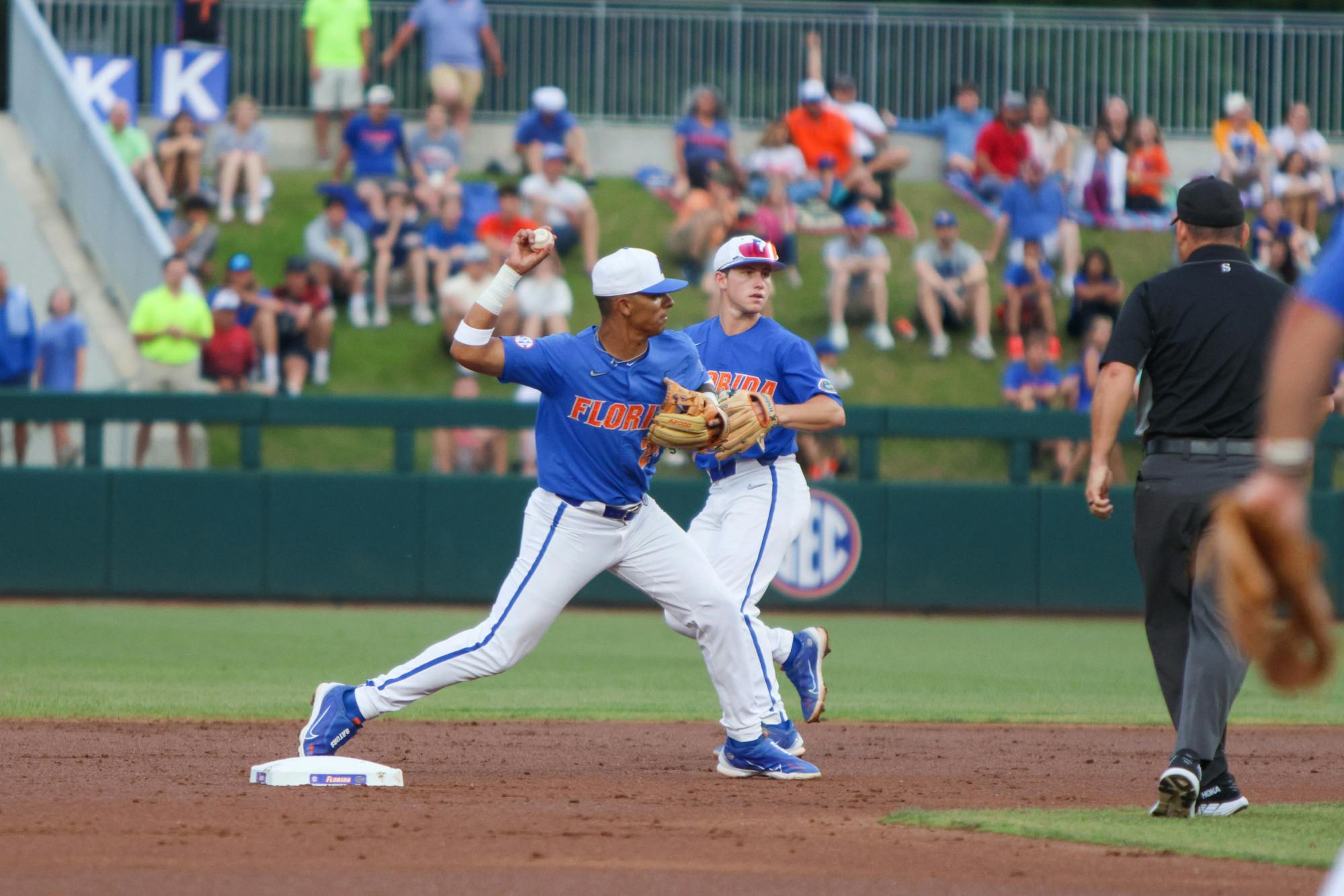 Florida shortstop Josh Rivera throws the ball during the Gators' 2-1 win against the Georgia Bulldogs Saturday, April 15, 2023.