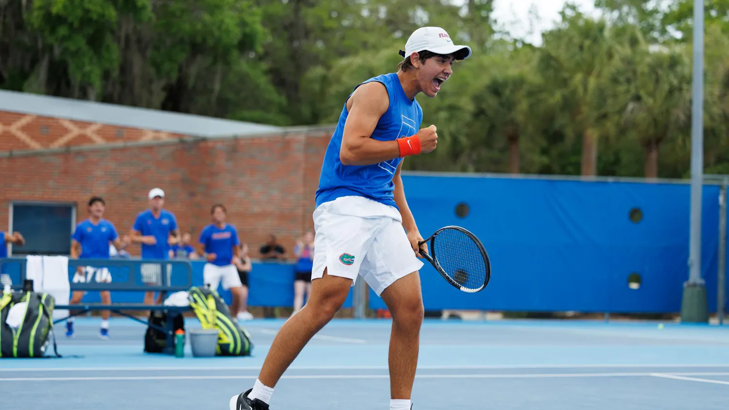 Florida tennis player Andreas Timini celebrates a point during an NCAA tennis match against Vanderbilt, Thursday, April 2, 2026, in Gainesville, Fla.