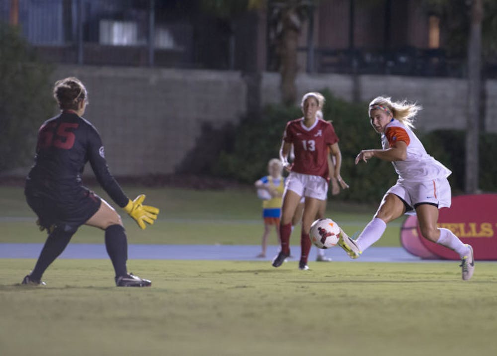 <p>Savannah Jordan shoots on goal during Florida’s 3-0 victory against Alabama on Sept. 20 at James G. Pressly Stadium. The freshman forward leads the Gators with 10 goals this season.</p>