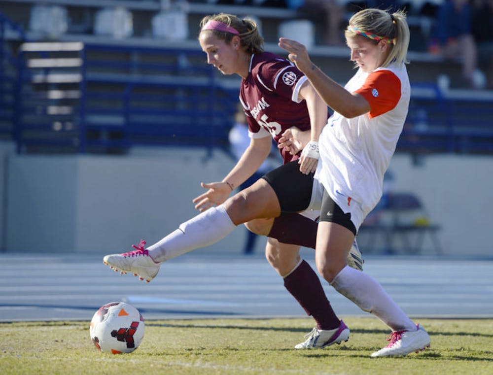 <p>Savannah Jordan battles for the ball during Florida’s 2-0 victory against Texas A&amp;M on Oct. 27 at James G. Pressly Stadium. Jordan has 20 goals this season.</p>