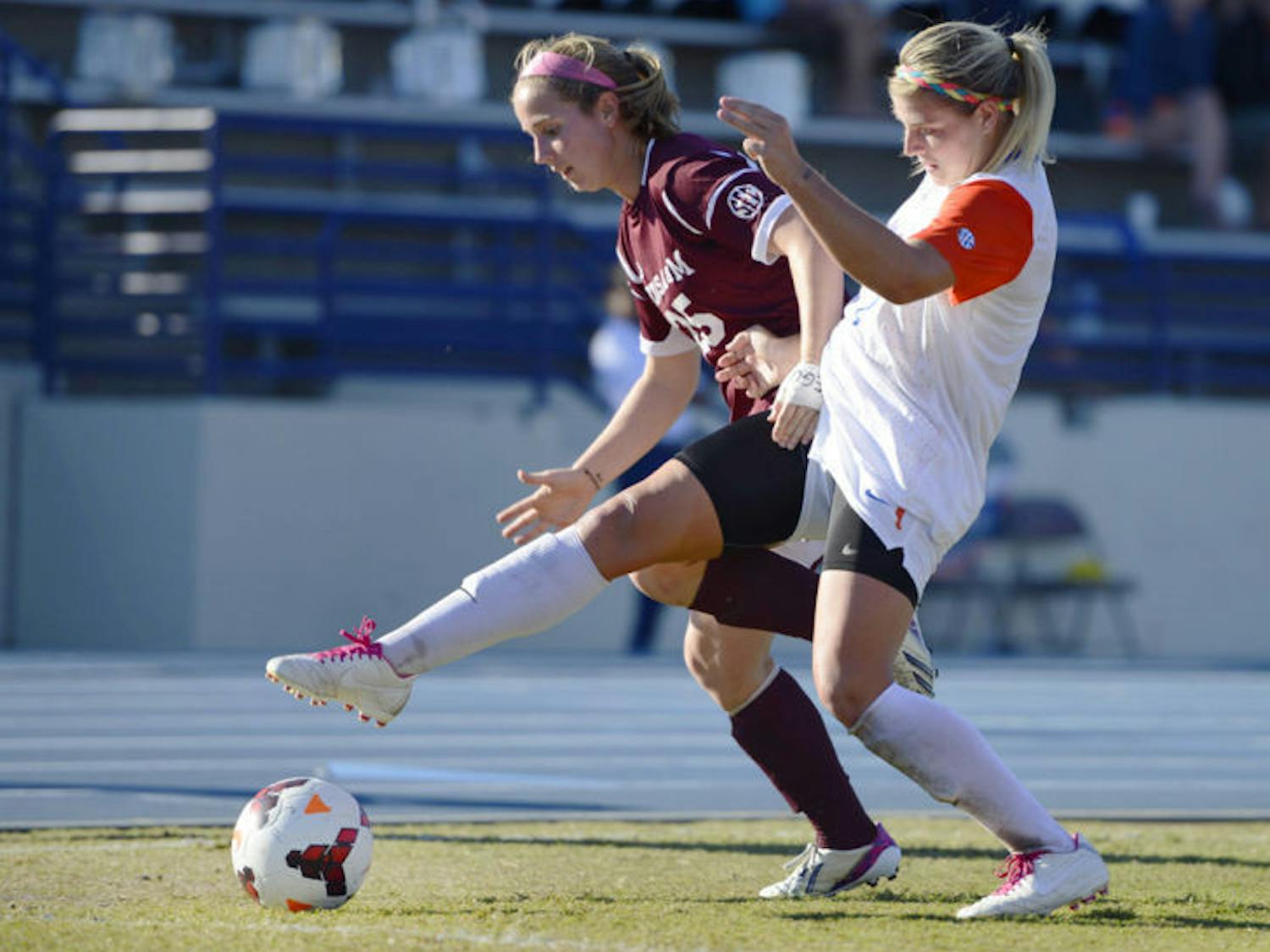 Savannah Jordan battles for the ball during Florida’s 2-0 victory against Texas A&M on Oct. 27 at James G. Pressly Stadium. Jordan has 20 goals this season.