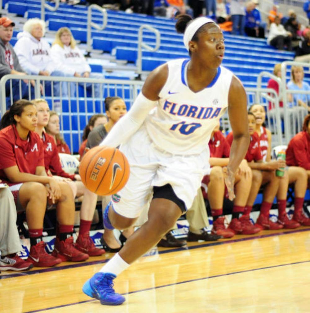 <p>Jaterra Bonds drives the ball during Florida’s 75-67 win against Alabama on Jan. 30 in the O’Connell Center. Bonds led the Gators with seven rebounds against the Bulldogs on Sunday.</p>