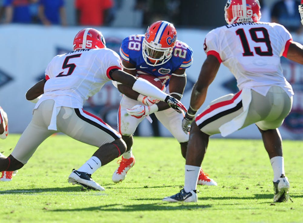 <p>Running back Jeff Demps was held to 12 yards on eight carries against Georgia, as Florida rushed for negative-19 yards as a team in the 24-20 loss. The Gators did not record a first down on the ground.</p>