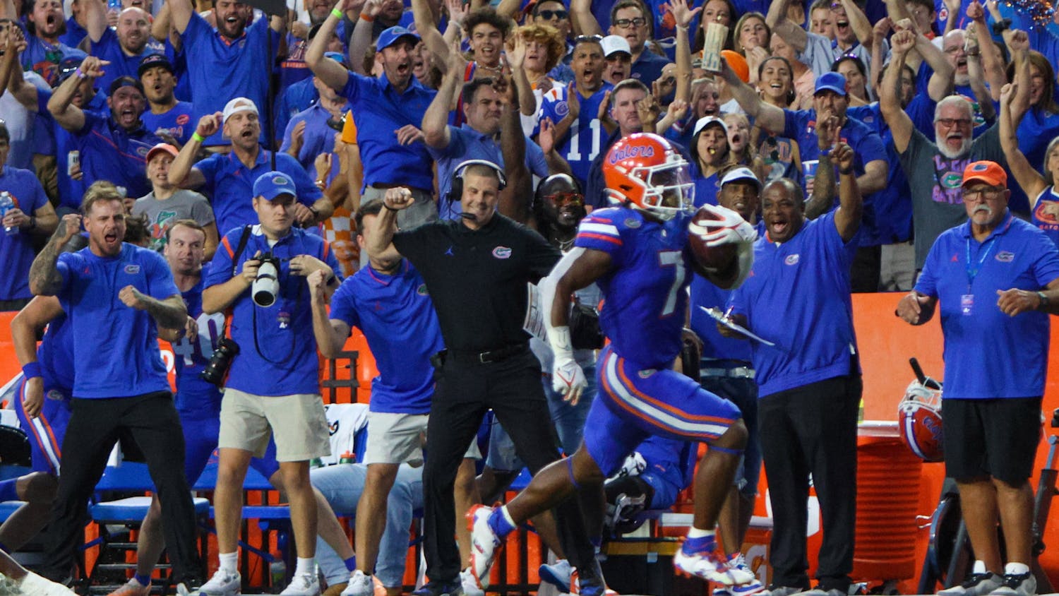 UF head coach Billy Napier celebrates as sophomore running back Trevor Etienne rushes for a 62 yard touchdown during the Gators 29-16 win over the Tennessee Volunteers Saturday, Sept. 16, 2023.
