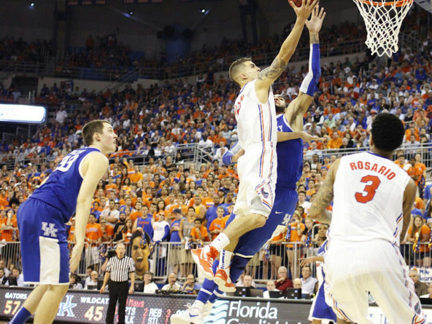 Junior guard Scottie Wilbekin attempts a layup during Florida’s 69-52 win against Kentucky on Feb. 12 in the O’Connell Center. Wilbekin said the Gators need to increase their offensive presence in the paint.