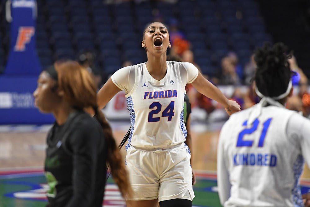 Ra Shaya Kyle (24) celebrates emphatically during the first half against the Chicago State Cougars at Exactech Arena at the Stephen C. O'Connell Center on Tuesday, Nov. 12, 2024.