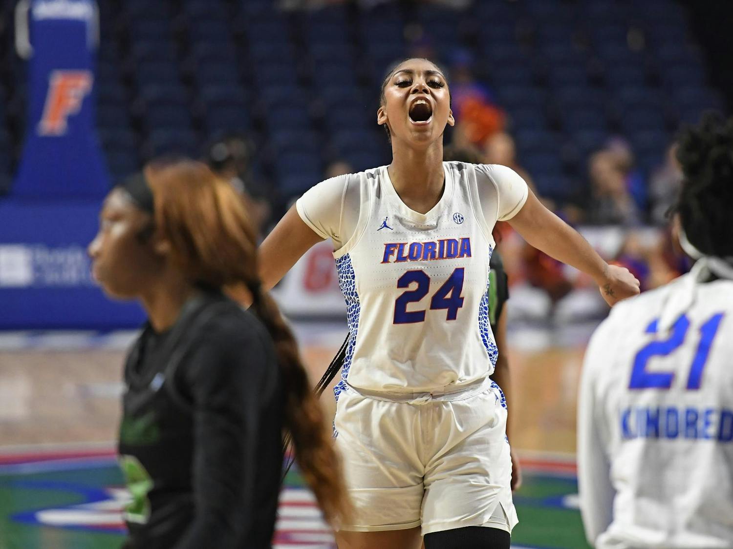 Ra Shaya Kyle (24) celebrates emphatically during the first half against the Chicago State Cougars at Exactech Arena at the Stephen C. O'Connell Center on Tuesday, Nov. 12, 2024.