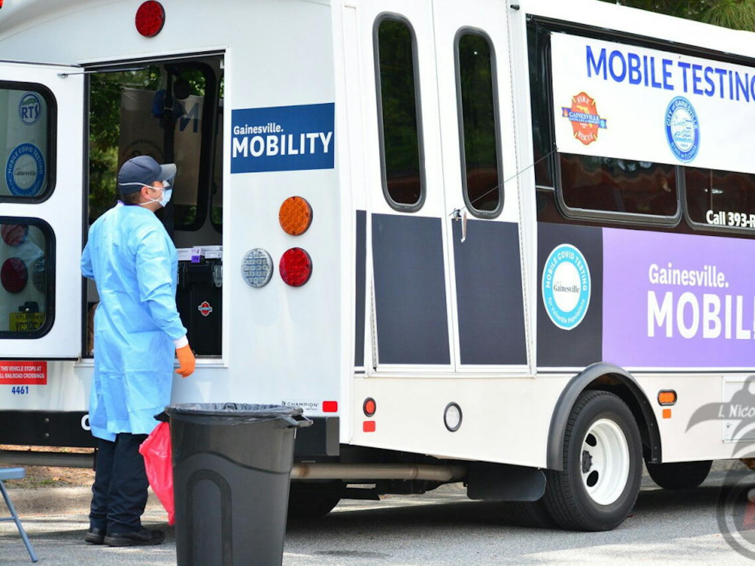 The mobile testing bus, parked and ready to administer free COVID-19 tests to anyone who wants one.