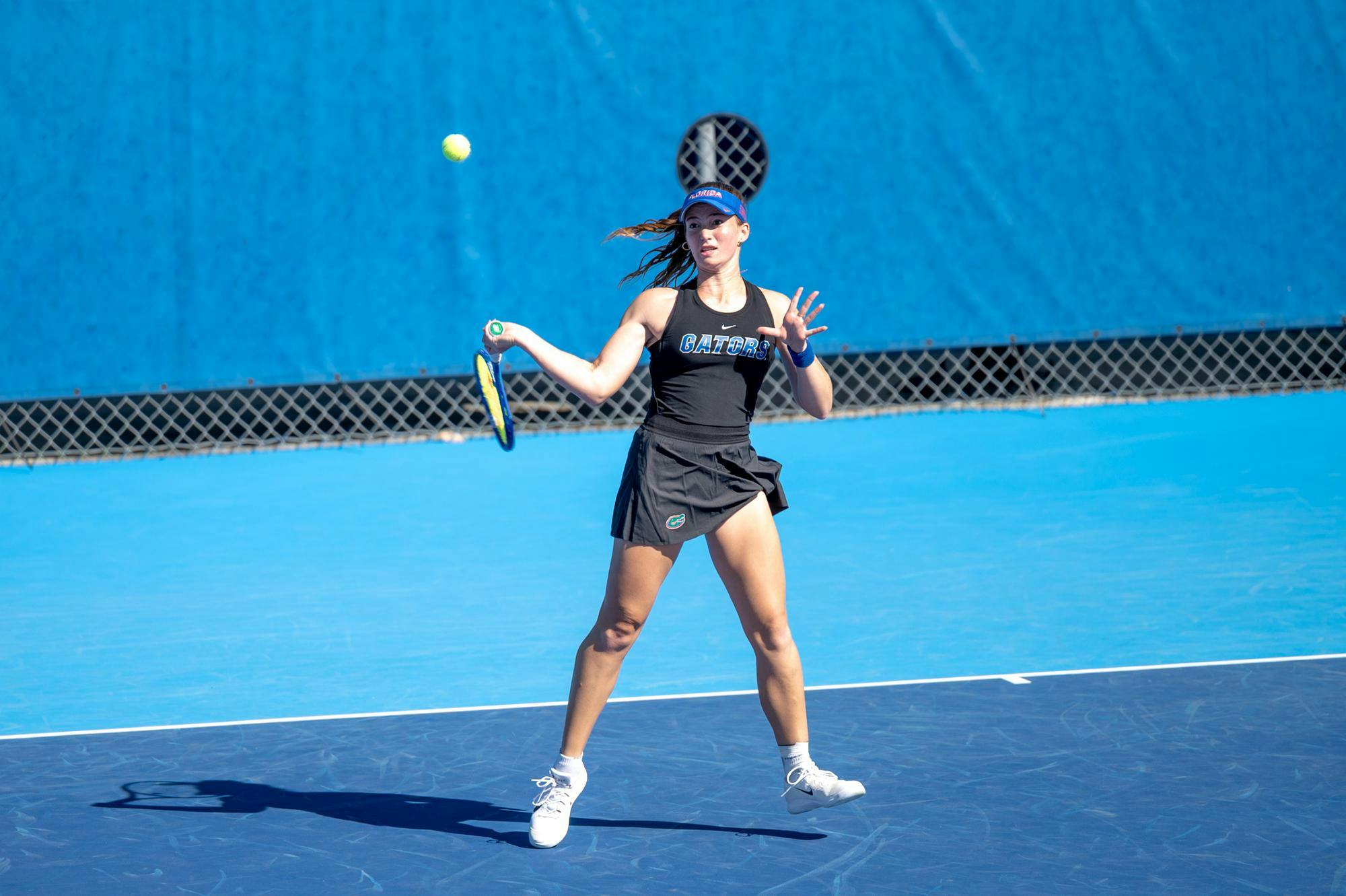 Florida’s Brooke Black hits the ball during an NCAA women’s tennis match against Troy, Friday, Feb. 13, 2026, in Gainesville, Fla.