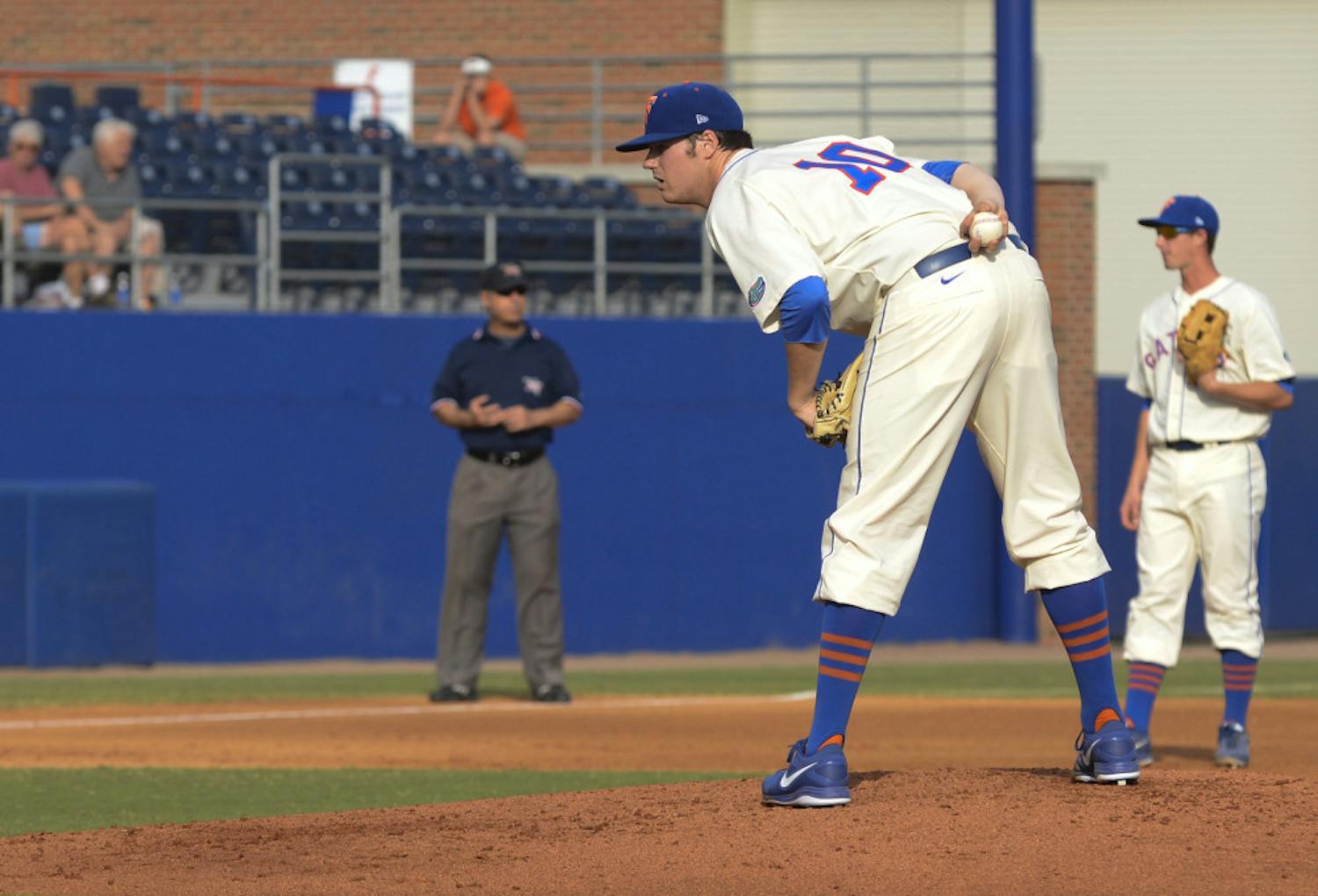 Right-hander Tucker Simpson gets ready to throw a pitch during Florida's 8-3 loss to Florida Gulf Coast on Feb. 23 at McKethan Stadium. After one season with the Gators, Simpson will transfer from UF. 