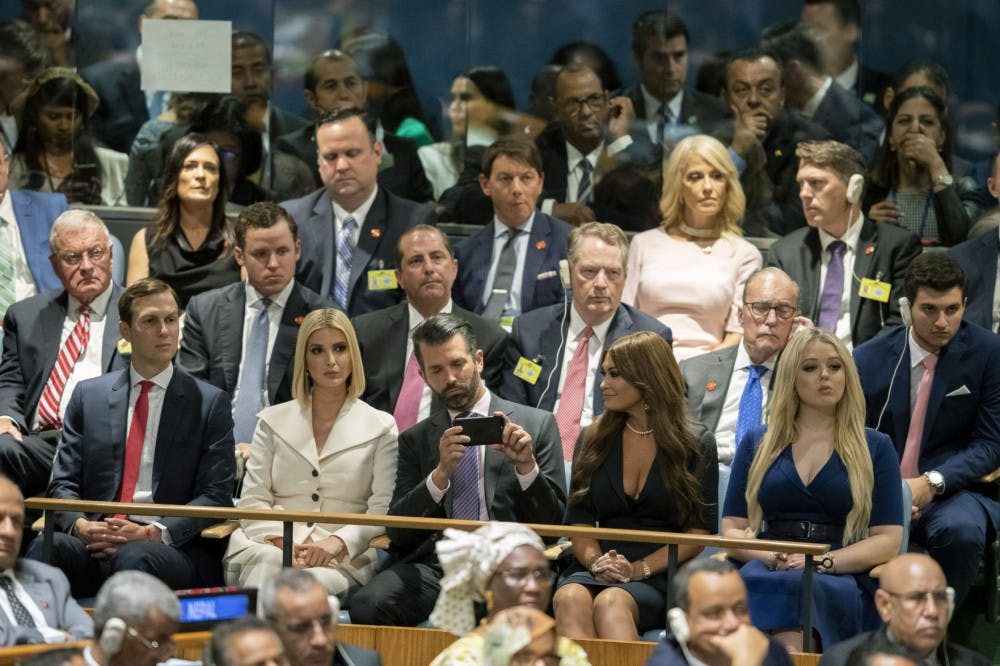 The Trump family, front row, and his staff listen as U.S. President Donald Trump addresses the 74th session of the United Nations General Assembly at U.N. headquarters Tuesday, Sept. 24, 2019. From right to left, Tiffany Trump, Kimberly Guilfoyle, Donald Trump Jr., Ivanka Trump, and Jared Kushner. (AP Photo/Mary Altaffer)