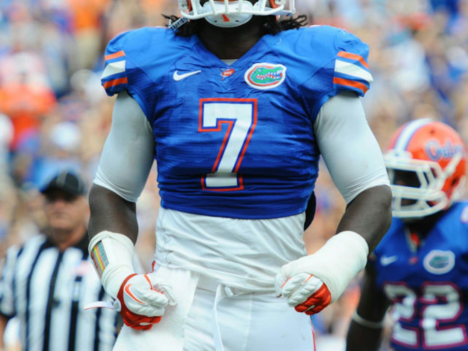 Ronald Powell looks up at the crowd during Florida’s 33-23 win against Tennessee on Saturday, Sept. 17, 2011, in Ben Hill Griffin Stadium. Powell is ready to return to the UF defense after missing the entire 2012 season with a torn ACL suffered in the Orange and Blue Game.