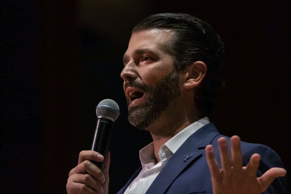 <p><span id="docs-internal-guid-1e28480d-7fff-322f-5365-453d021d766e"><span>Donald Trump Jr. speaks to a crowd of more than 800 people Thursday evening. Trump’s speech was met with a mixture of cheers and boos.</span></span></p>