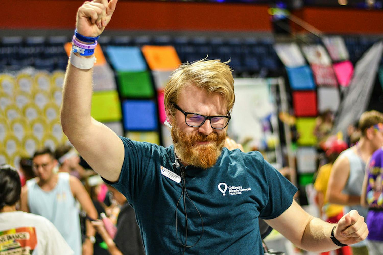 Andrew Jensen, the Overall Director of Dance Marathon 2019, rocks out during the Savants of Soul’s performance Saturday night in the O’Connell Center. Dance Marathon lasted for 26.2 hours and raised $3,230,025.23 for children at UF Health Shands Children’s Hospital and Children’s Miracle Network.