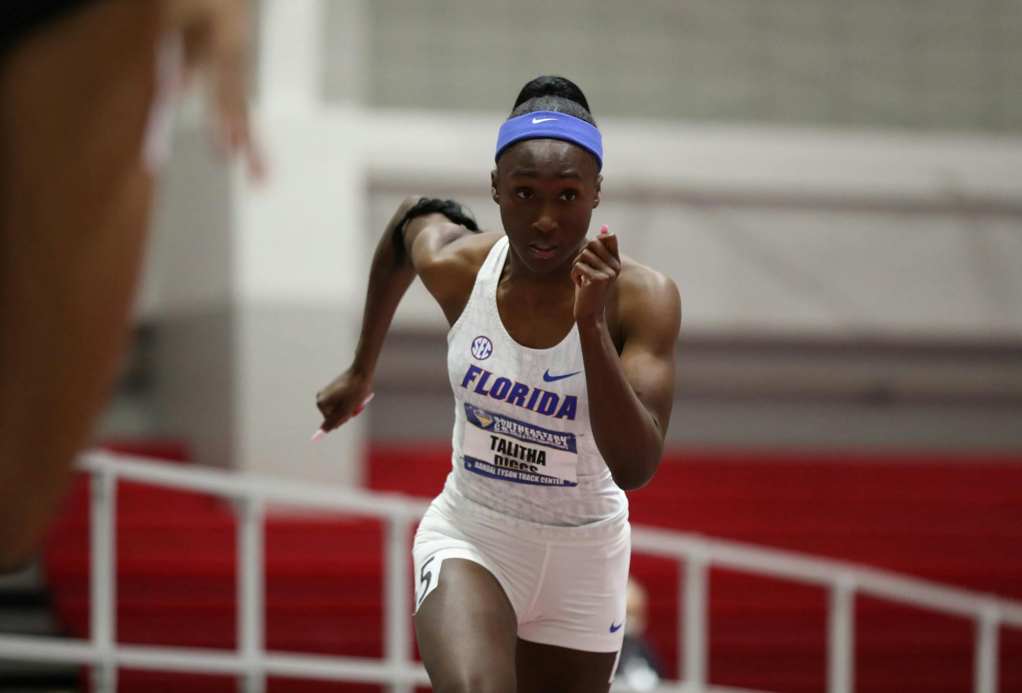 Florida’s Talitha Diggs competes during the SEC Indoor Track and Field Championships on Saturday, February 27, 2021 at Randal Tyson Track Center in Fayetteville, Ark. / UAA Communications photo by Alex de la Osa