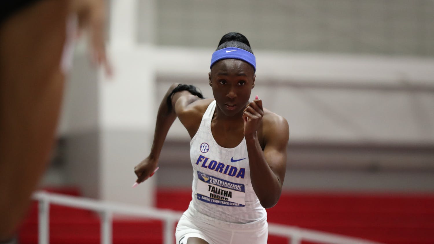 Florida’s Talitha Diggs competes during the SEC Indoor Track and Field Championships on Saturday, February 27, 2021 at Randal Tyson Track Center in Fayetteville, Ark. / UAA Communications photo by Alex de la Osa